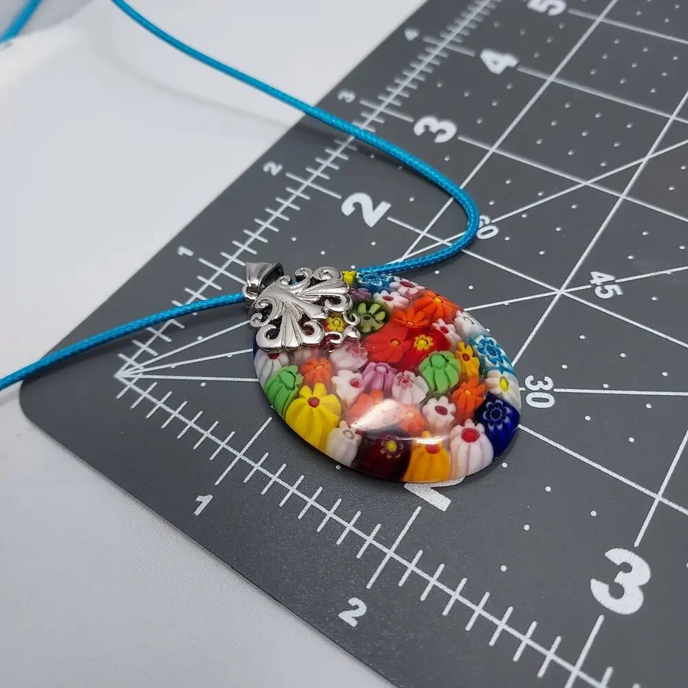 Glass Millefiori Pendant 2" drop Silver Tone Accents Colorful Italy Boho Artisan - Picture 6 of 9
